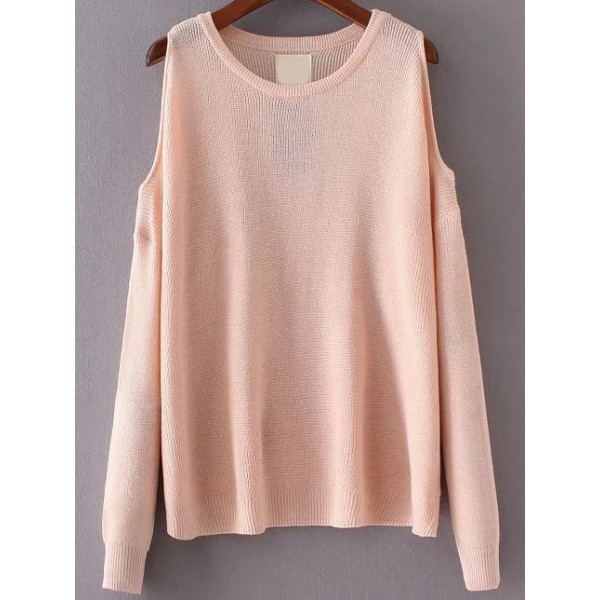 Pink Round Neck Open Shoulder Long Sleeves Knitwear Sweater