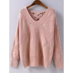 Pink V Neck Lace Hollow Knit Sweater