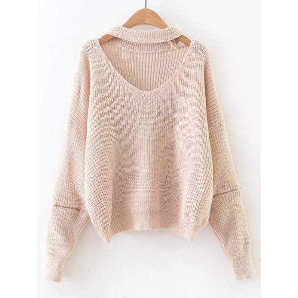 Pink  V Neck Zipper Long Sleeves Winter Sweater