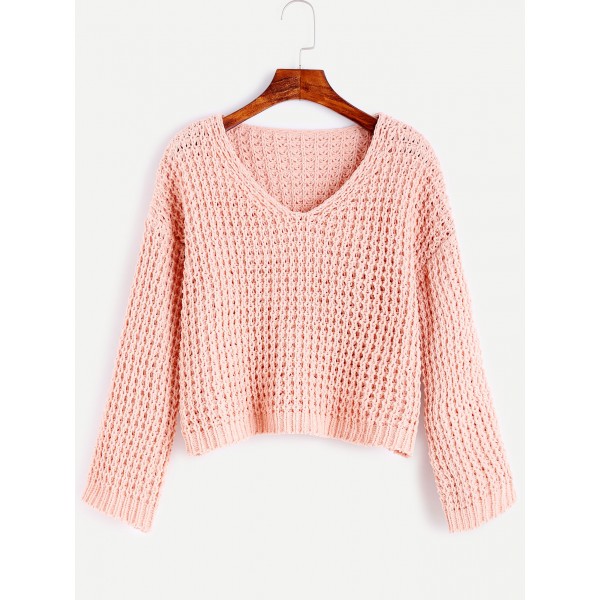 Pink V NeckThick Winter Cable Knit Sweater