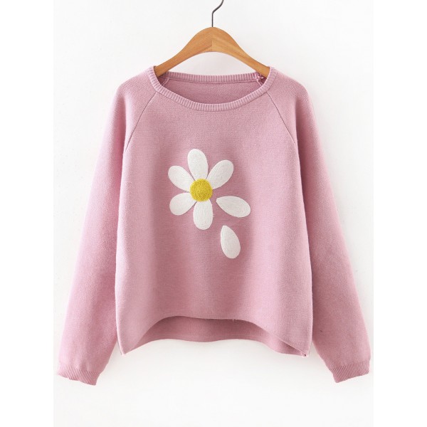 Pink White Daisy Flower Print Dip Hem Sweater