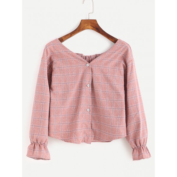 Pink Wide Boat Neck Button Front Long Sleeves Blouse