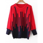 Red Black Graphic Block Round Neck Sweater