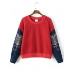 Red Denim Sleeve Embroidered Braided Sweatshirt