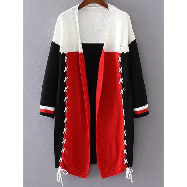 Red Green Color Block Lace Up Winter Long Coat Cardigan