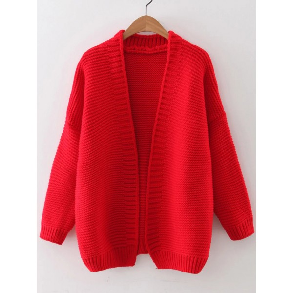 Red Loose Open Front Shoulder Cardigan Sweater
