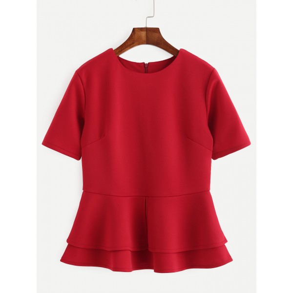 Red Short Sleeves Layered Peplum Ruffles Shirt Top Blouse