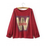 Red W Letter Round Neck Long Sleeves Sweater