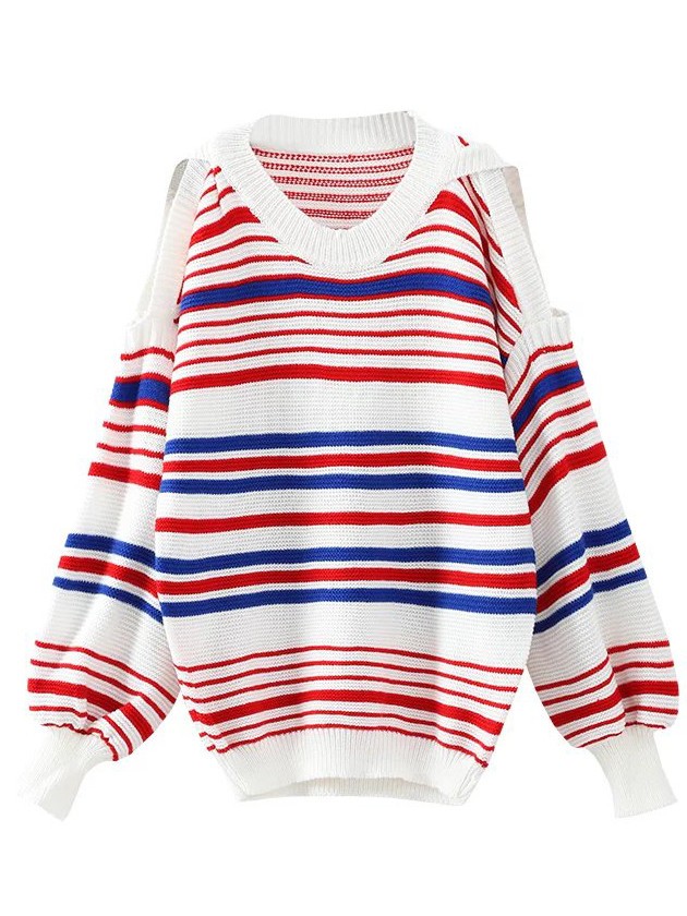 Red White Lines Striped Open Shoulder Loose Sweater