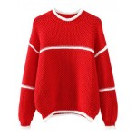 Red White Lines Trim Loose Sweater
