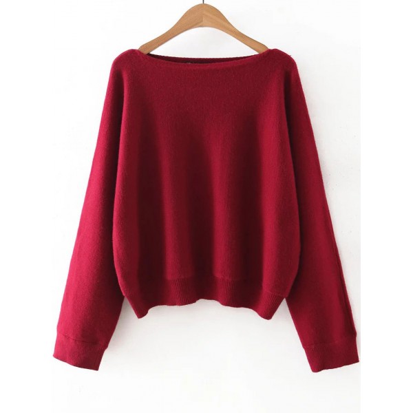 Red Wide Boat Neck Long Sleeves Sweater