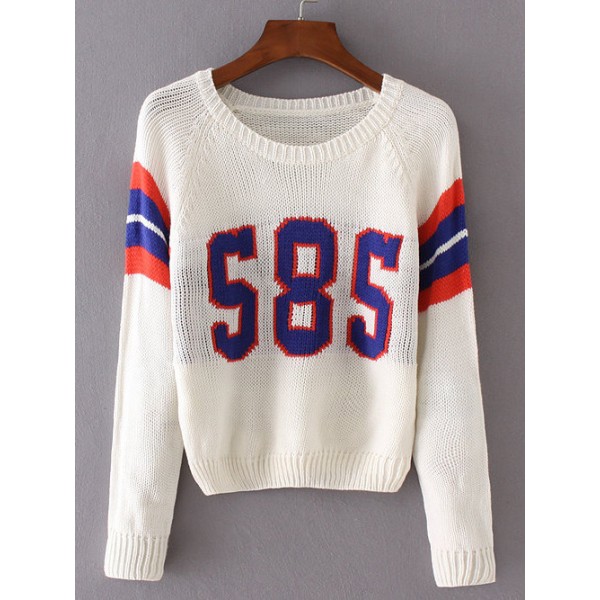 White 585 Long Sleeves Number Varsity Sweater Knitwear