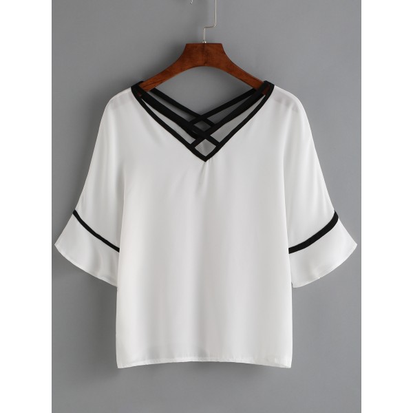 White Black Lines V Neck Bell Sleeve Shirt Top