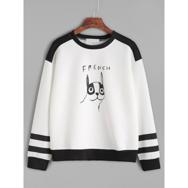White Black Long Sleeves French Dog Sweatshirt