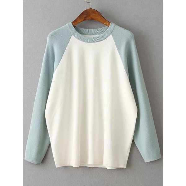 White Blue Contrast Round Neck Ribbed Trim Knitwear Sweater