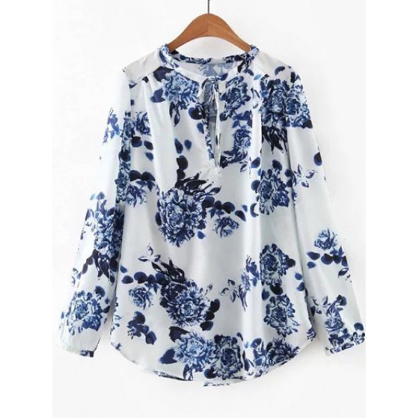 White Blue Vintage Flowers Floral Long Sleeves Tunic Blouse