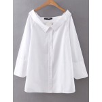 White Boat Wide Neck Button Up Loose Long Sleeves Blouse