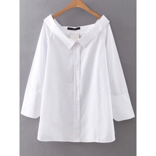 White Boat Wide Neck Button Up Loose Long Sleeves Blouse