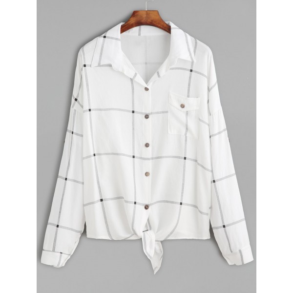 White Checkers Plaid Long Sleeves Hemd Shirt Blouse