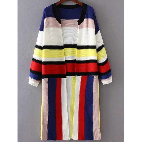White Colorful Block Striped Open Front Long Coat Cardigan
