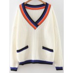 White Colorful Block V Neck Loose Pocket Sweater