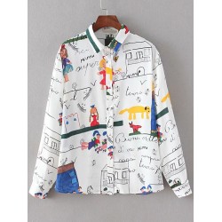 White Colorful Cartoon Painting Long Sleeves Button Up Blouse
