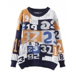 White Colorful Digits Numbers Print Chunky Loose Sweater