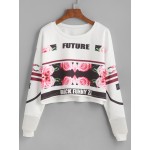 White Floral Roses Cropped Long Sleeves Sweatshirt