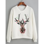 White Flowers Deer Print Long Sleeves Sweatshirt