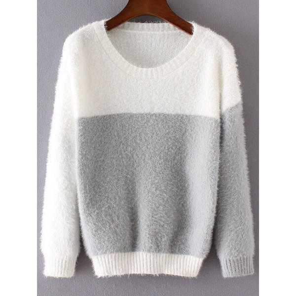 White Grey Color Block Round Neck Sweater