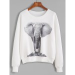 White Grey Elephant Print Long Sleeves Crew Neck Sweatshirt