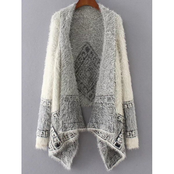 White Grey Vintage Aztec Print Poncho Sweater Cardigan