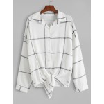 White Grid Plaid Checkers Knot Long Sleeves Shirt Blouse