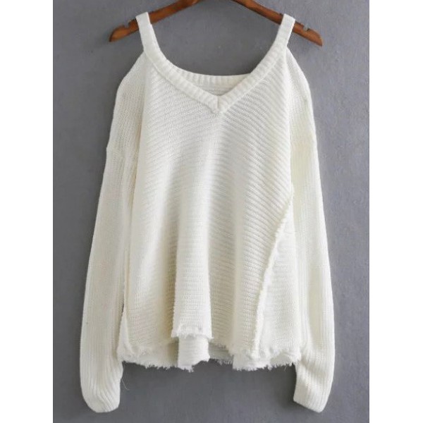 White Open Shoulder Long Sleeves Sweater