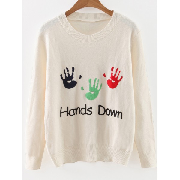 White Palm Hand Print Round Neck Loose Sweater