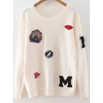 White Patch Letter Embellished Long SleevesTrim Sweater