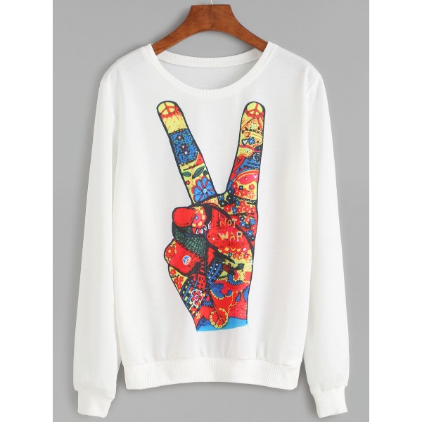 White Peace Colorful Hand Gesture Long Sleeves Sweatshirt