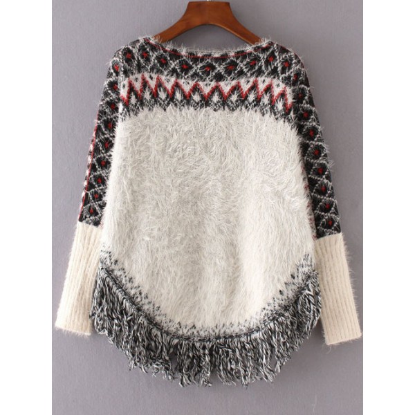 White Poncho Pattern Long Sleeves Loose Cape Sweater