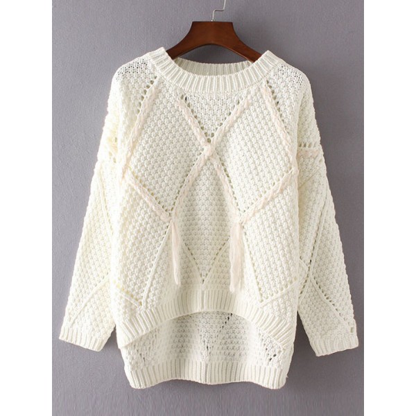 White Round Neck Diamond Pattern Tassel Loose Winter Sweater