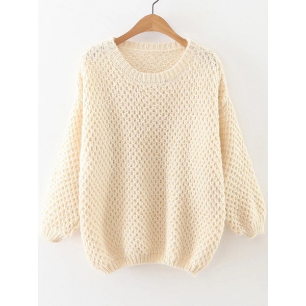 White Round Neck Long Sleeves Loose Sweater