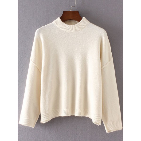 White Round Neck Ribbed Lines Loose Shoulder Sweater