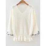 White V Neck Knitted Embroidery Long Sleeves Peplum Sweater
