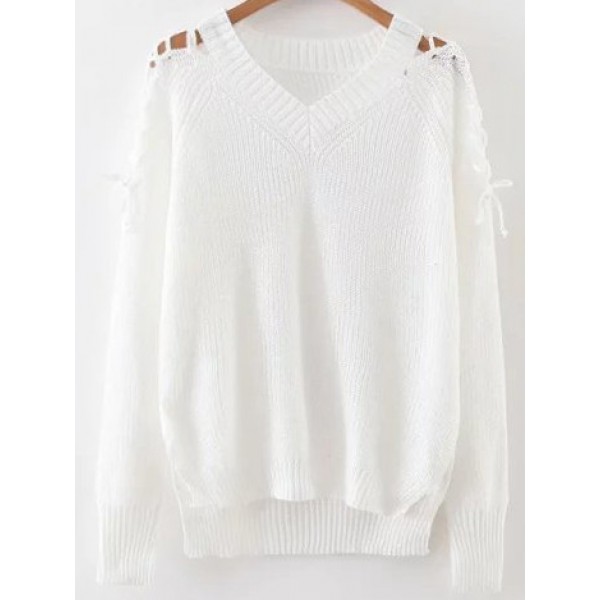White V Neck Loose Lace Up Long Sleeves Sweater
