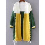 Yellow Green Color Block Lace Up Winter Long Coat Cardigan