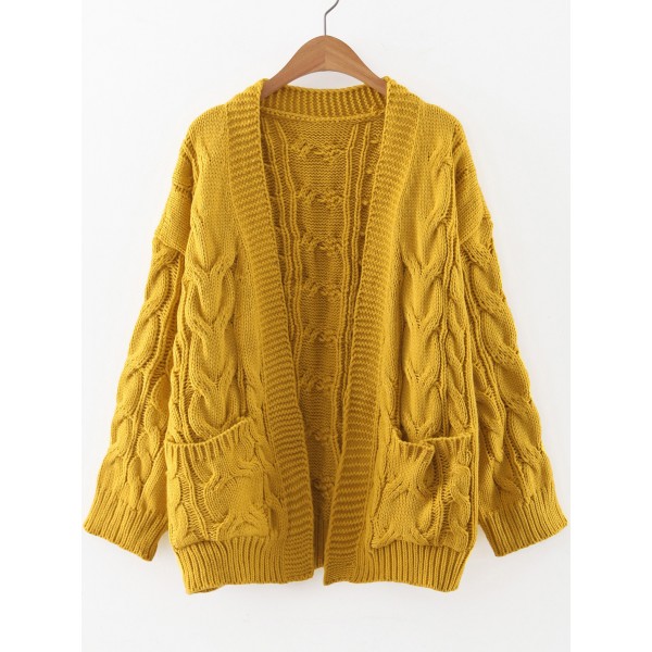 Yellow Knitted Front Pocket Long Sleeves Cardigan Jacket