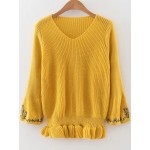 Yellow V Neck Knitted Embroidery Long Sleeves Peplum Sweater