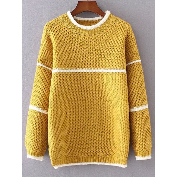 Yellow White Lines Striped Round Neck Loose Sweater