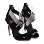 Black Suede Straps Diamonte Rhinestones Gown High Stiletto Heels Pumps Sandals