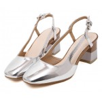 Silver Metallic Patent Leather Blunt Head Sling Back High Heels Shoes