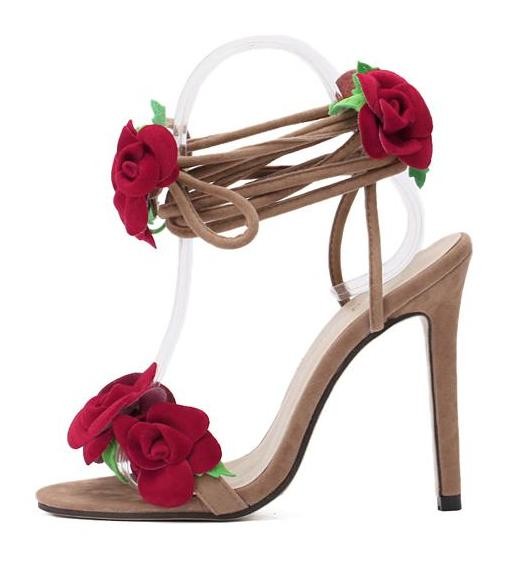 Khaki Red Roses Suede High Stiletto Heels Pumps Strappy Gladiator ...